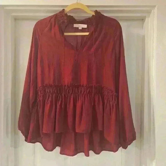 Loft Womens Boho Long Sleeve V-Neck Blouse Cherry Red Size Small - Picture 1 of 8